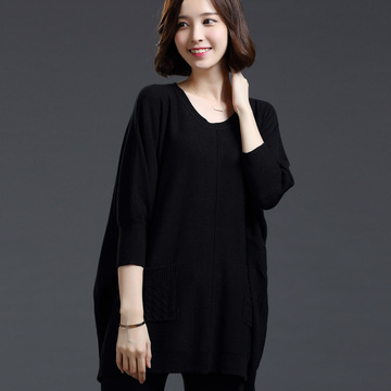 2015新款秋装韩版大码女子套头毛衣宽松中长款针织衫蝙蝠袖外套