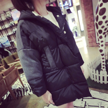 2015韩版加厚蝙蝠袖棉服 毛呢拼接连帽宽松中长款棉衣 外套棉袄女