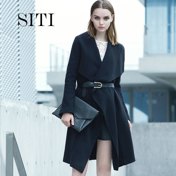 SITI 翻领不规则羊毛毛呢外套女 2015欧美中长款黑色修身呢大衣潮