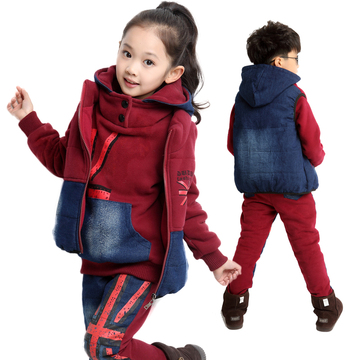 童装2015冬装新款韩版加绒加厚拼接牛仔卫衣男女童3件套儿童套装