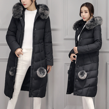 拉链2016年冬季长袖中长款修身纯色可脱卸帽韩版棉衣配毛球