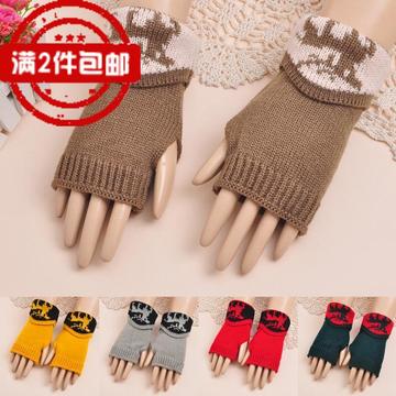 秋冬季日韩版针织保暖可爱女士手套半指露指短款小鹿一指手套