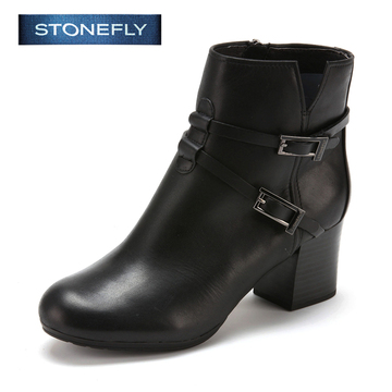 STONEFLY/斯通富来清仓冬季牛皮时尚粗跟欧美风拉链马丁靴女特价