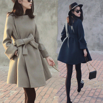 2015冬季新款女装韩版蝴蝶结修身中长款呢子大衣加厚毛呢外套韩范