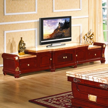 欧式大理石电视柜客厅红棕色实木电视柜茶几组合松木整装地柜
