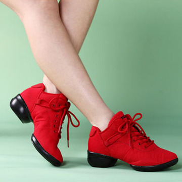 2016年爵士舞网面秋季舞蹈鞋女红色中跟健身鞋增高现代跳舞鞋软底