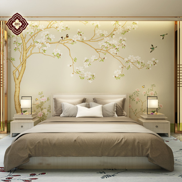 现代新中式花鸟壁纸手绘玉兰花硬包电视背景墙壁画客厅墙纸墙画布