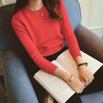 2015秋季韩版毛衣女套头宽松学院风外套糖果色短款加厚打底针织衫