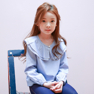 女童T恤长袖条纹韩版童装2016秋季新款中大童娃娃领上衣薄款蓝色