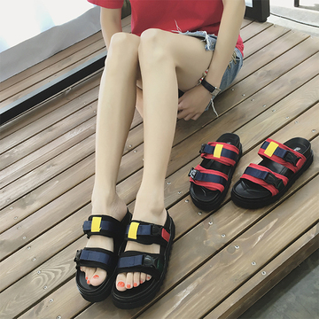 2016韩版厚底运动沙滩鞋 新款增高凉拖鞋松糕露趾防滑一字拖潮女