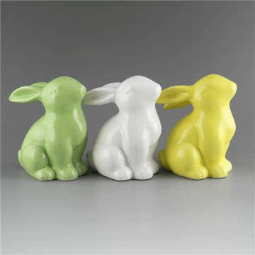 【天天特价】陶瓷白黄绿色可爱小兔子摆件家居饰品 十二生肖兔