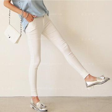 韩国代购白色紧身高腰弹力小脚裤夏季流行款牛仔裤修身长裤包邮潮