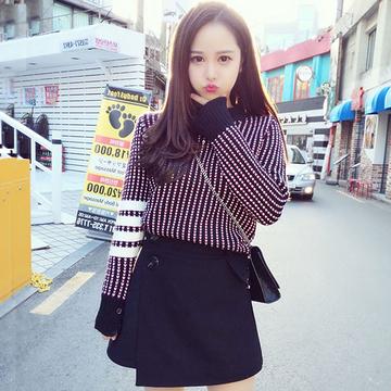 2016新款韩版秋装条纹针织毛衣套装 毛呢短裙子时尚两件套女