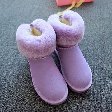 2016冬季加绒防滑面包二棉鞋女紫色雪地靴短筒真皮圆头平底短靴