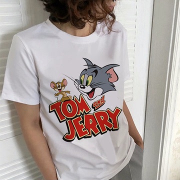 夏装新款韩潮版卡通猫和老鼠t恤女 男纯棉印花体恤圆领情侣短袖