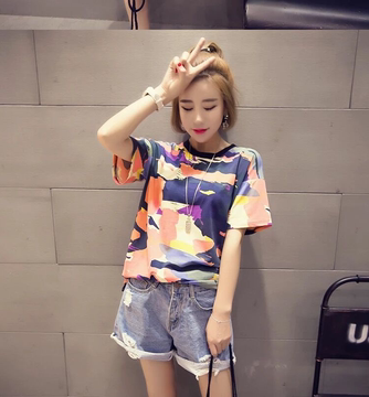 2016夏季新款韩版宽松显瘦圆领体恤学生短袖中长款迷彩T恤衫女潮