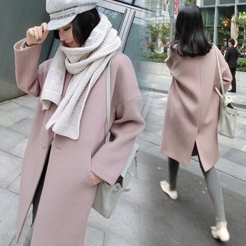 女冬韩版羊毛呢外套 加厚呢子大衣 2016休闲廓型大码粉色呢子大衣