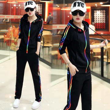 2016秋装新款韩版运动服彩条酷爆款套装女学生休闲修身两件套潮