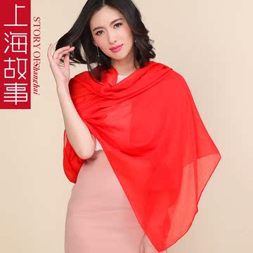 上海故事纯色棉麻围巾女士秋冬季长款丝巾百搭红色围巾大披肩两用