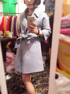 2015年冬季新款韩版中长款羊绒毛呢大衣系带店主实拍自留款