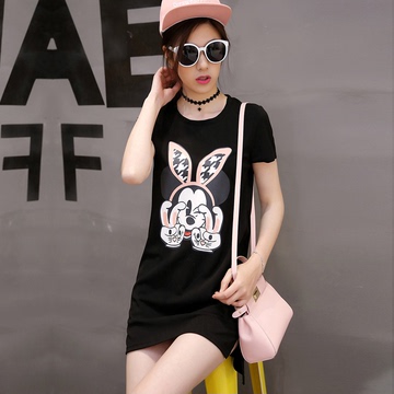 2016夏季新款米老鼠印花前短后长短袖t恤女韩版中长款宽松半截袖