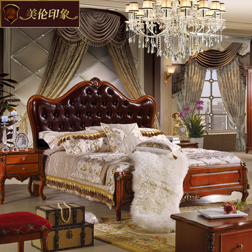 美式乡村全实木床 欧式真皮双人床 卧室家具特价床 深色古典婚床
