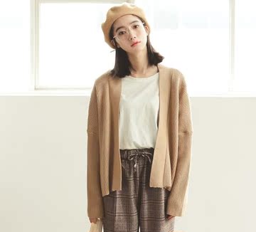 HONEY SASA 韩国2016秋装新款螺纹针织衫毛衣女短款开衫外套上衣