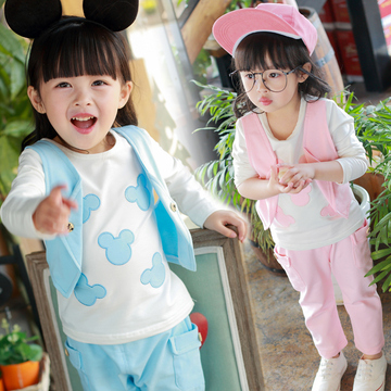 2016韩版新款秋季长袖卡通女童假三件套1-2-3-4周岁半宝宝女套装