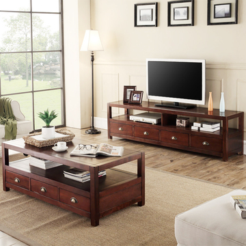 美式乡村实木电视柜 简约小户型客厅1.8米电视柜茶几组合储物柜