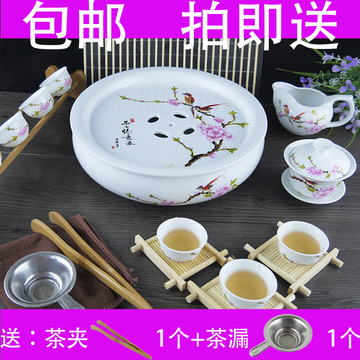 包邮10寸功夫茶具套装配8茶杯陶瓷圆形茶盘家用礼品 可定制LOGO