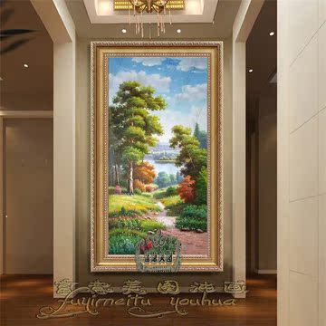 山水树林风景油画纯手绘竖幅装饰画有框欧式玄关挂画卧室餐厅壁画