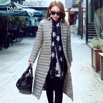 冬季新品2016韩版修身外套长款过膝立领单排扣羽绒棉服保暖时尚女