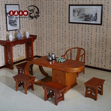 中式茶桌椅组合卧龙功夫茶桌实木泡茶台茶室艺桌雕花明清古典家具