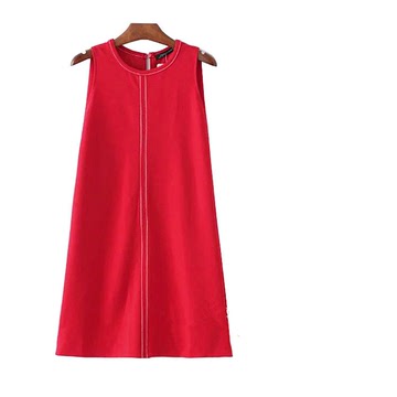包邮2016夏装新款欧美风背心裙A字无袖红色连衣裙一道线简约短裙