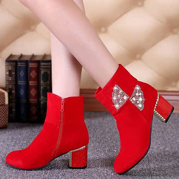 秋冬季婚靴大红色短靴中跟新娘鞋粗跟孕妇婚鞋冬款中式结婚红靴子