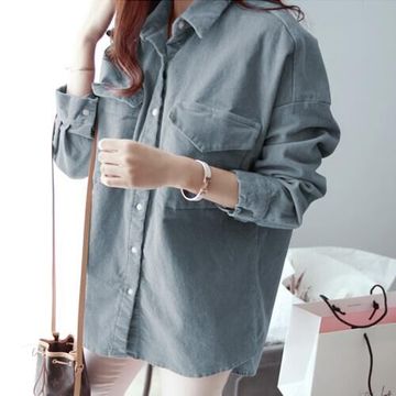韩版新款灯芯绒长袖衬衫  潮流修身单排扣口袋复古文艺女装