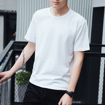 全白净面静版男士短袖t恤丅韩版修身短轴2017新款潮流个性半截袖v