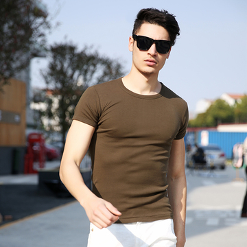 男士短袖t恤 夏季纯色圆领体恤纯棉弹力修身半截袖紧身青年打底衫