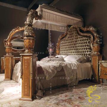 意大利宫廷欧式古典家具实木雕花描金双人床1.8米大床床头柜定制
