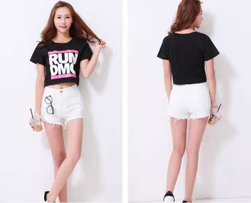 韩版夏季女装 字母印修身短款露脐上衣 休闲风百搭短装T恤打底衫