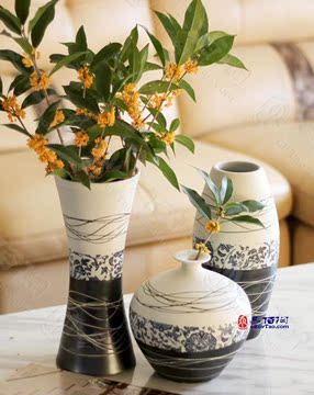 景德镇陶瓷 陶艺三件套干花插台面花瓶花器 现代时尚客厅饰品摆件