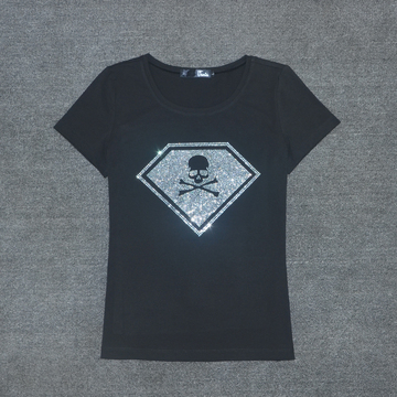 XS-3XL码黑白色棉不起球圆领短袖烫钻钻形骷髅头性感T恤包邮