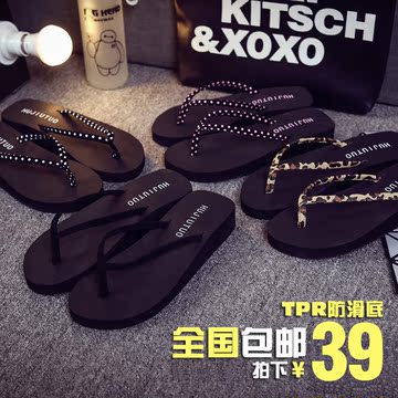2016韩版时尚人字拖女夏防滑夹脚豹纹中跟坡跟凉拖鞋沙滩鞋厚底潮