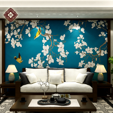 中式手绘玉兰花鸟电视背景壁纸蓝底工笔客厅无缝壁画黄鹂卧室墙纸