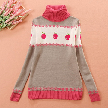 冬装新款少女草莓图案羊毛衫高领厚毛衣