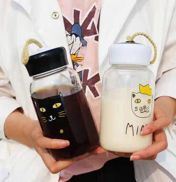 韩国卡通猫咪玻璃杯精品创意潮流可爱清新男女学生情侣便携水杯子