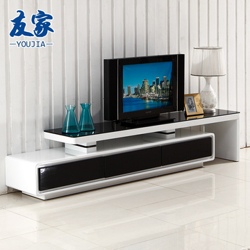 客厅钢化玻璃电视柜 简约时尚现代黑白色电视机柜 可伸缩矮柜组合