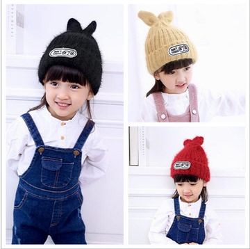 韩版儿童秋冬加绒加厚针织帽 女宝宝套头兔耳朵羊毛混纺男孩帽子