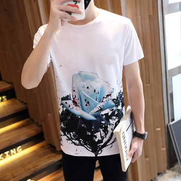 夏季男士短袖T恤青年学生韩版潮流修身圆领3D印花体恤半袖打底衫
