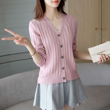 2016秋装新款韩版修身针织开衫女百搭长袖单排扣纯色短款毛衣外套